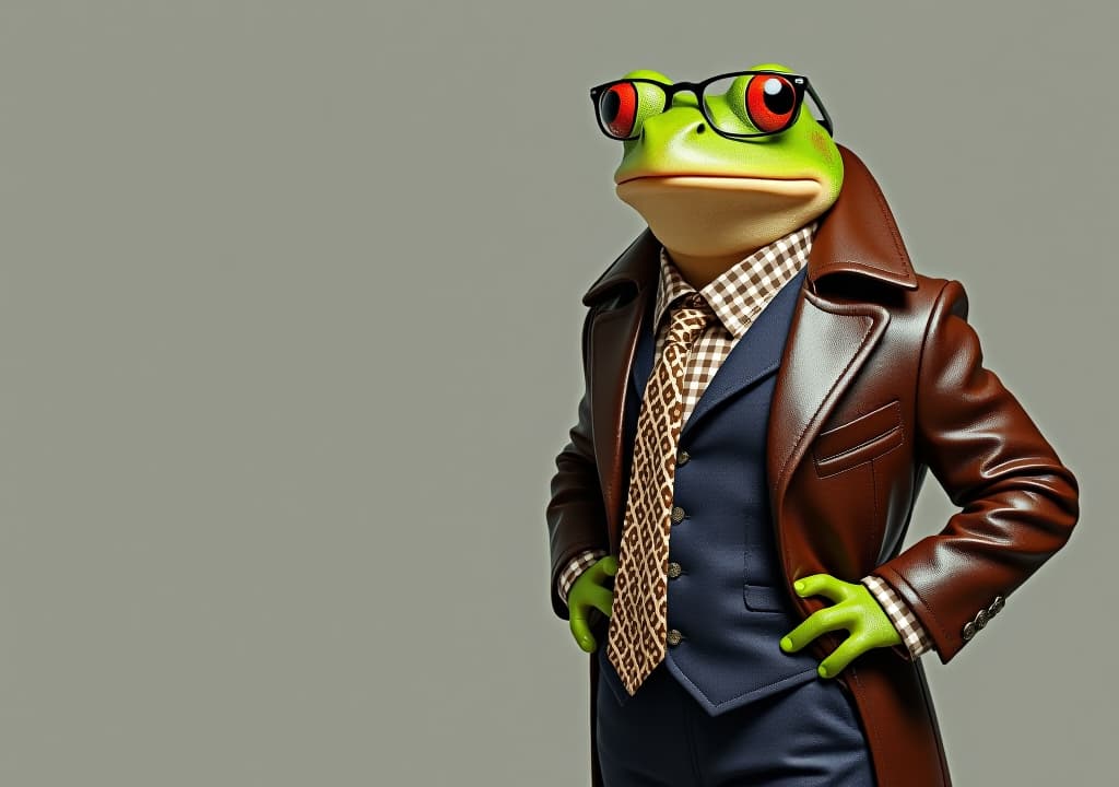  cool looking frog wearing funky fashion dress jacket, tie, glasses. wide banner with space for text left side. stylish animal posing as supermodel.