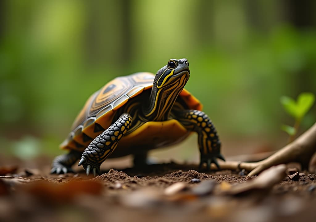  a turtle is running through the woods