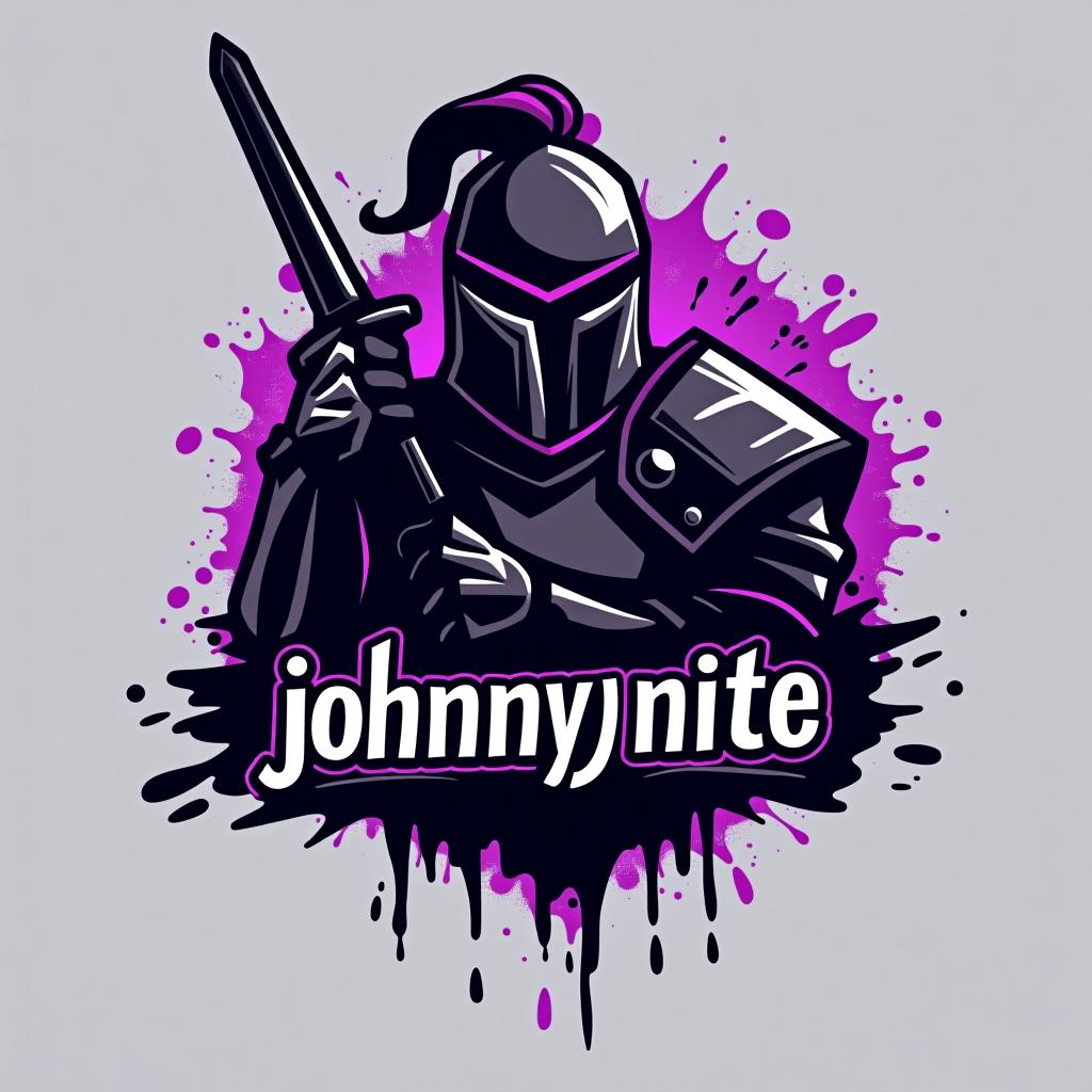  design a logo, in a geometric style. knight black and purple graffiti, with the text 'johnny nite '.