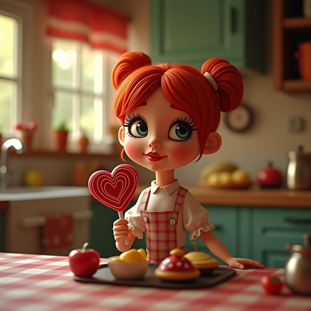  quirky red haired doll poses in a whimsical kitchen with heart lollipop