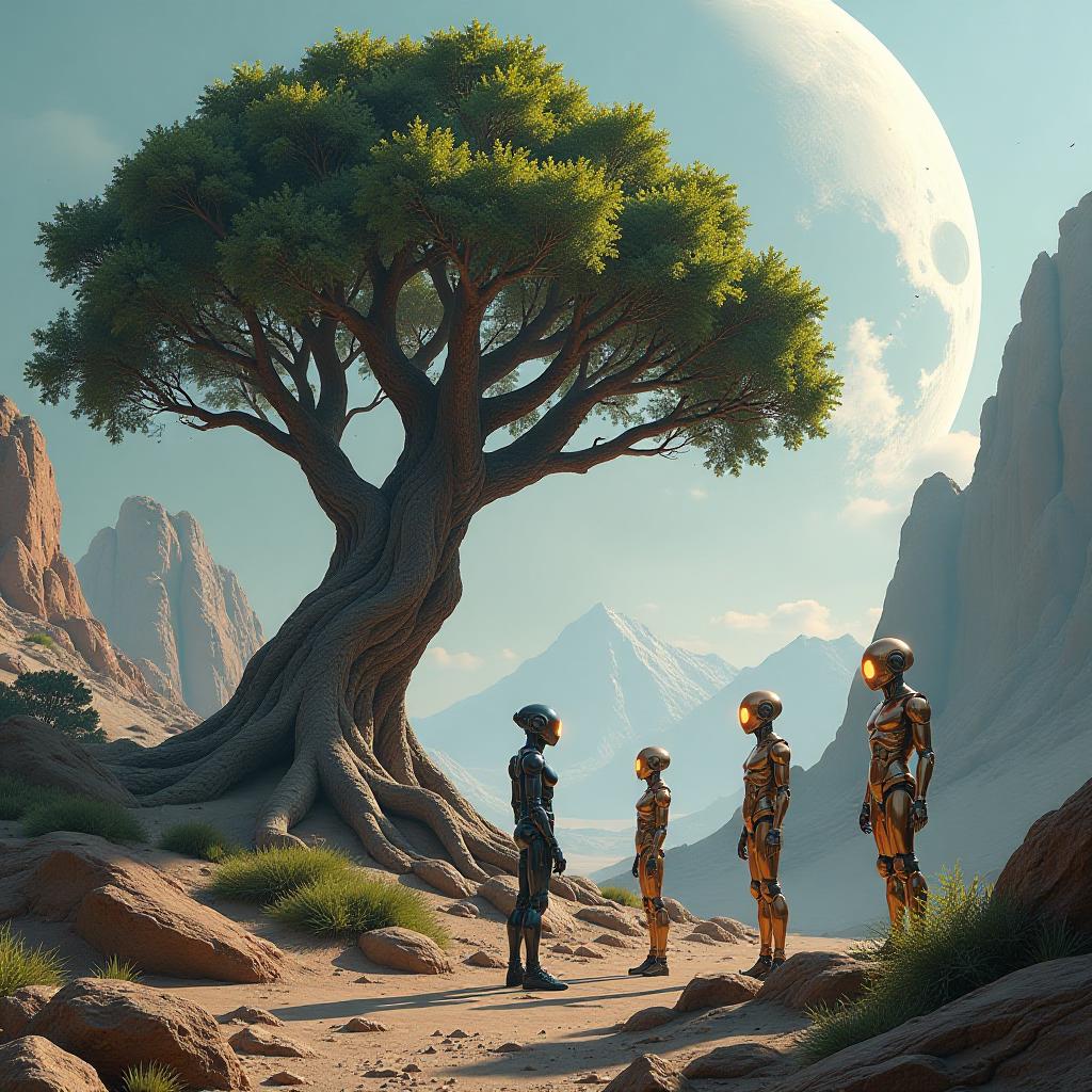  a surreal scene set in a futuristic asteroid colony, where cybernetic beings interact harmoniously with nature. the foreground features a large, intricately detailed walnut tree with metallic branches, contrasting with the rocky, industrial backdrop of the colony. glowing cyborg art sculptures of various shapes and sizes are positioned around the tree, reflecting light from the colony's vibrant energy sources. in the sky, distant asteroids and spacecraft can be seen, hinting at the technological advancements of this world. the atmosphere is filled with a soft, ethereal glow, accentuating the interplay between organic and artificial elements. each cybernetic character displays unique features, merging human and machine in their design, as th