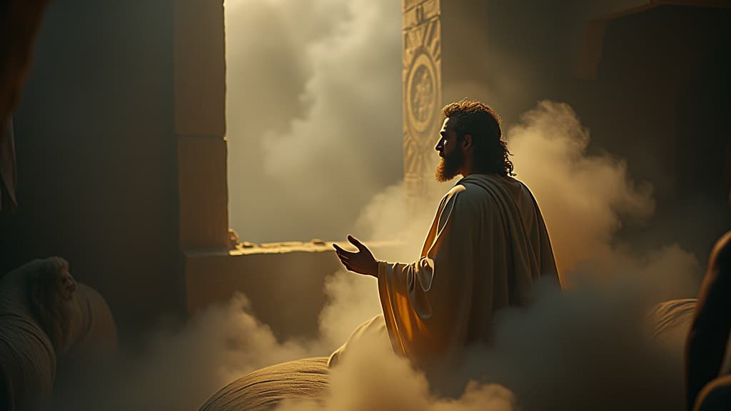  history of biblical times, god warns laban in a dream, with an ethereal vision of divine presence keeping him from harming jacob. hyperrealistic, full body, detailed clothing, highly detailed, cinematic lighting, stunningly beautiful, intricate, sharp focus, f/1. 8, 85mm, (centered image composition), (professionally color graded), ((bright soft diffused light)), volumetric fog, trending on instagram, trending on tumblr, HDR 4K, 8K