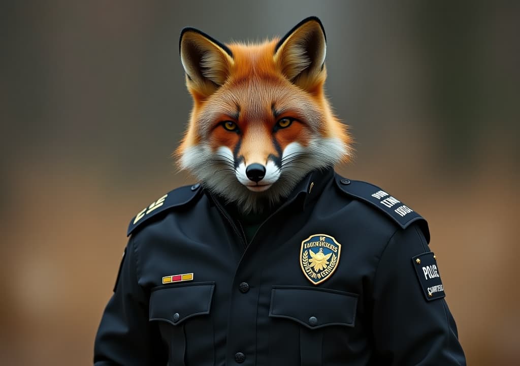  image of fox predator wearing policeman suit outdoors