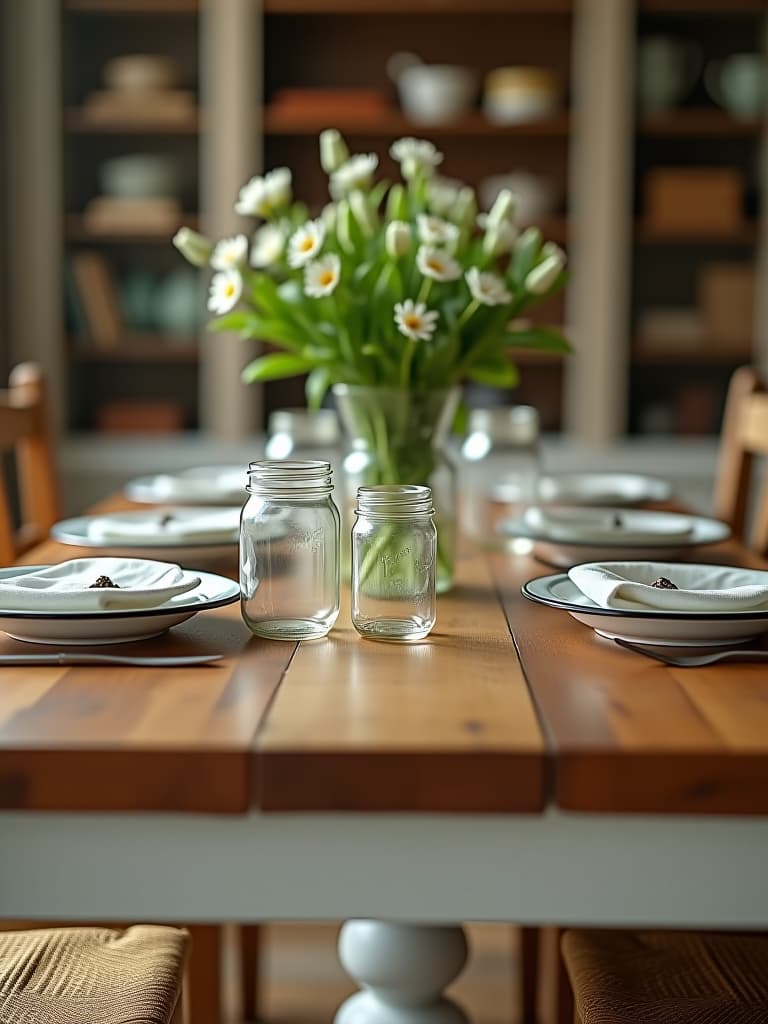  high quality portrait photo of a close up of a diy farmhouse table with a distressed white base and a rich, warm wood top, set with vintage enamelware plates and mason jar glasses hyperrealistic, full body, detailed clothing, highly detailed, cinematic lighting, stunningly beautiful, intricate, sharp focus, f/1. 8, 85mm, (centered image composition), (professionally color graded), ((bright soft diffused light)), volumetric fog, trending on instagram, trending on tumblr, HDR 4K, 8K