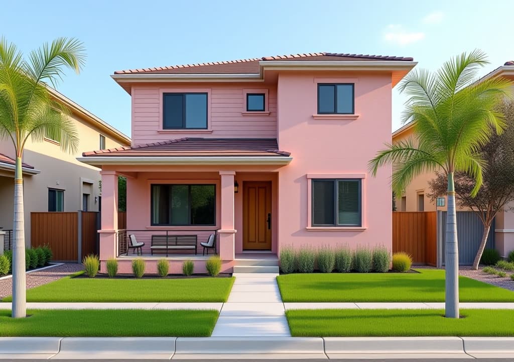  outdoor outside exterior street view of pink neighborhood house or home modern architecture. lawn grass yard, residential suburban building, door, window, entrance