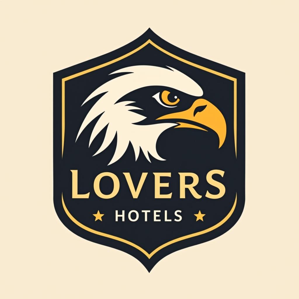  design a logo, create an emblem logo using an eagle’s eye and a shield, emphasizing the company’s focus on vigilance and protection., with the text 'lovers hotels'.