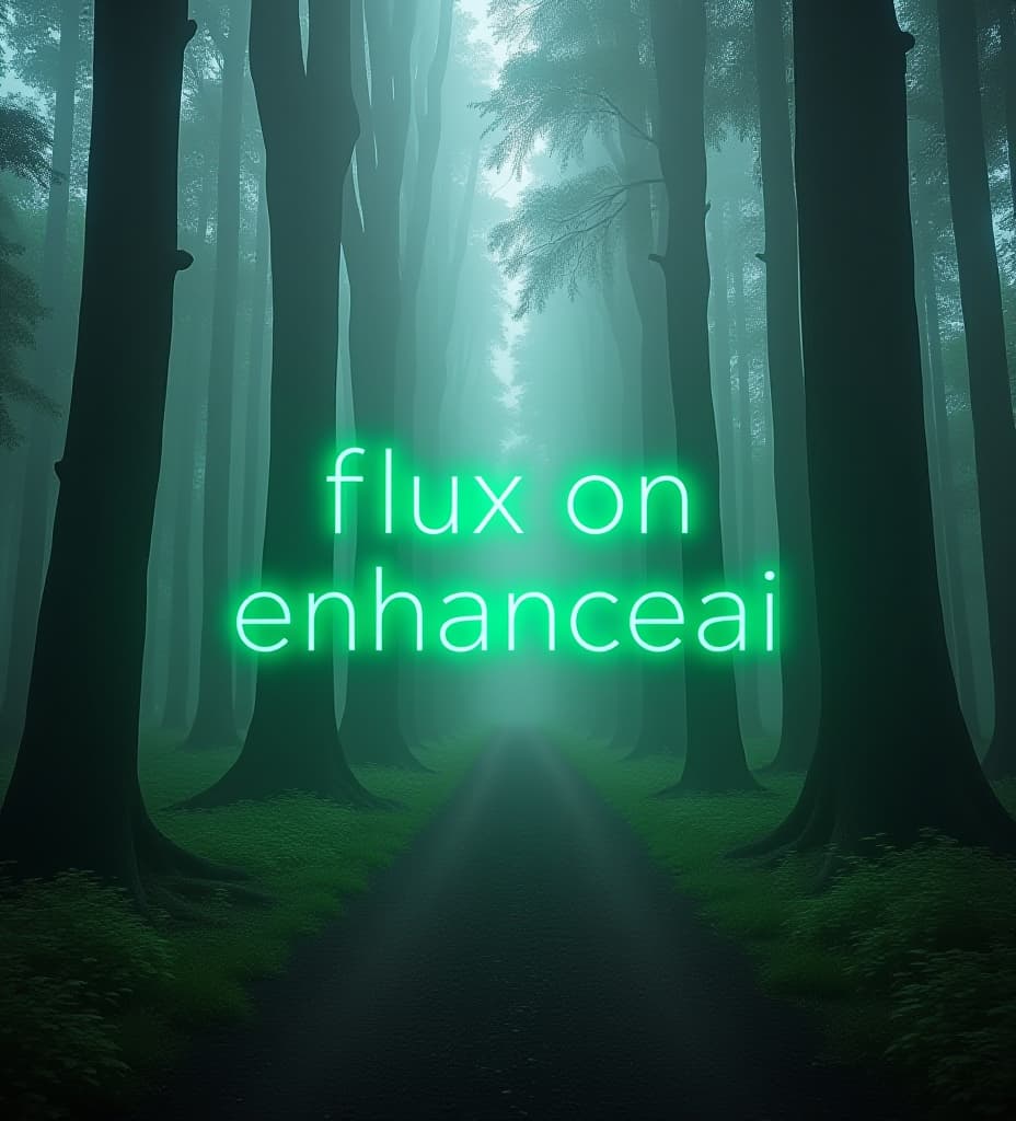  a misty, mysterious forest path surrounded by tall, ancient trees and lush greenery. the words 'flux on enhanceai' are displayed prominently in bold, glowing green text in the center of the image. the atmosphere is eerie and immersive, with a focus on a serene, yet slightly ominous forest scene.