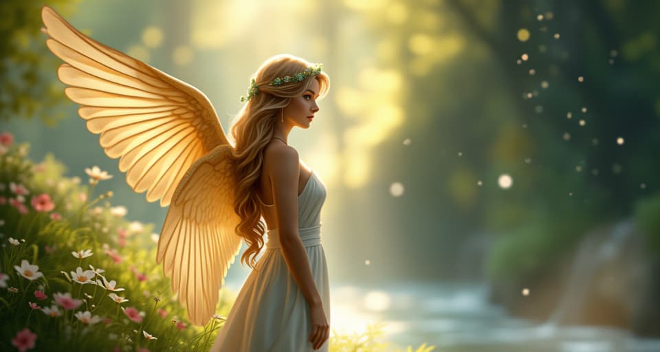  angel with glowing wings, standing beside a bright, mystical spring, surrounded by radiant light, her expression thoughtful, indicating the recognition of life's meaning beyond everyday struggles.. the style is digital art illustration,highly detailed, whimsical,magical, dreamlike atmosphere, realism and fantasy blend, smooth, glossy textures,luminous quality, wonder and enchantment.