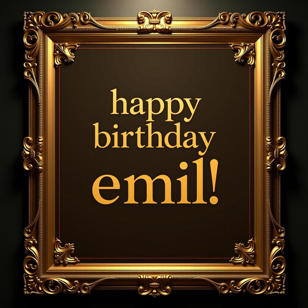  art deco style golden frame with geometric patterns enclosing "happy birthday emil!" in elegant, period appropriate typography hyperrealistic, full body, detailed clothing, highly detailed, cinematic lighting, stunningly beautiful, intricate, sharp focus, f/1. 8, 85mm, (centered image composition), (professionally color graded), ((bright soft diffused light)), volumetric fog, trending on instagram, trending on tumblr, HDR 4K, 8K