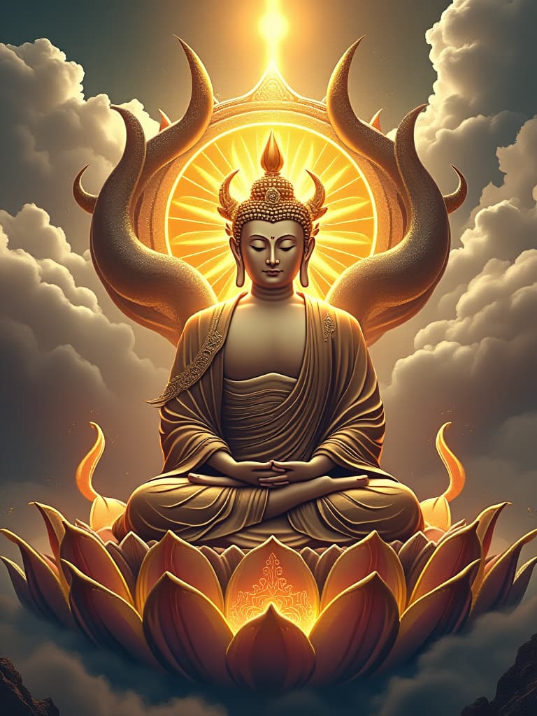  the buddha sits on the throne of the lotus, with a kind and calm face, with his hands on his knees, his eyes closed, his eyes white, his eyes white, and his eyelids soft. in gold, with the horns dazzling, around the clouds, and behind them the wheel shining. the surroundings are still, as if they were in a emptiness of an ingrained bouquet of luminous light, which gives a sense of peace and awareness, and conveys deep wisdom and boundless mercy。