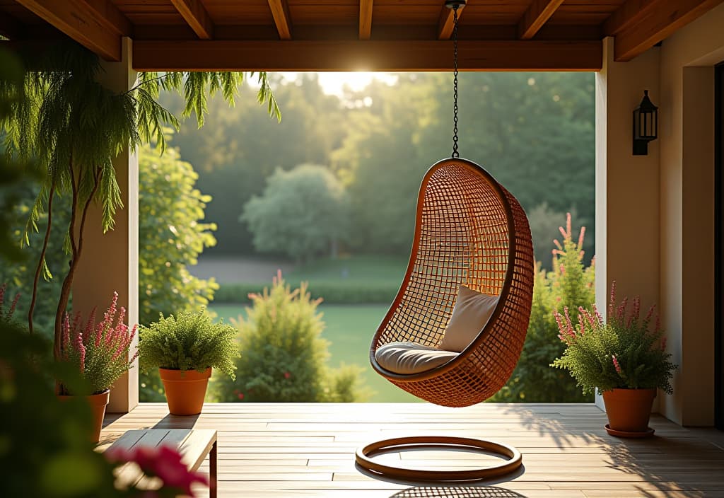  a landscape photo of a sunlit patio with a hanging egg chair made of woven rattan, suspended from a wooden beam, overlooking a lush garden with vibrant flowers hyperrealistic, full body, detailed clothing, highly detailed, cinematic lighting, stunningly beautiful, intricate, sharp focus, f/1. 8, 85mm, (centered image composition), (professionally color graded), ((bright soft diffused light)), volumetric fog, trending on instagram, trending on tumblr, HDR 4K, 8K