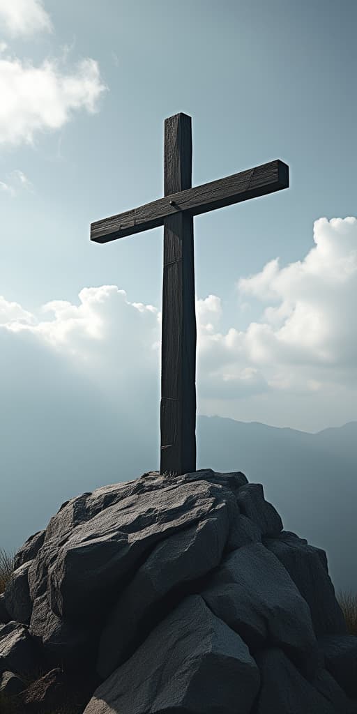  religious christian banner of a black and white wooden cross on rock hilltop with copy space, high quality, high details, hd, perfect composition, 4k epic detailed, highly detailed, sharp focus, high resolution