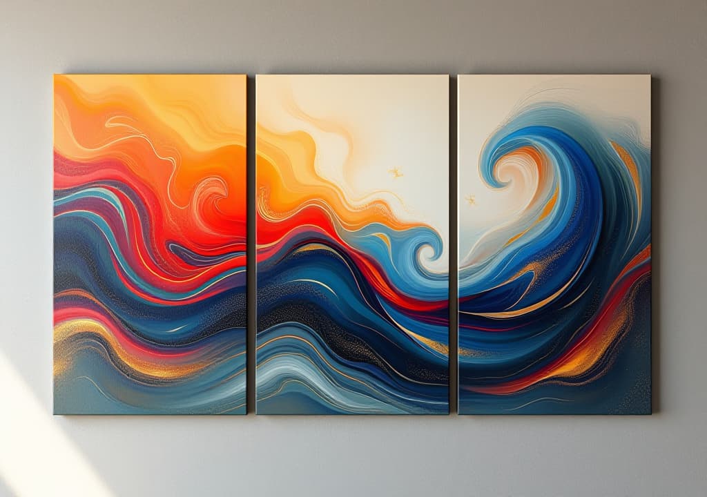  abstract art, a colorful, hand made abstract triptych painting of swirling waves and curved minimalistic shapes, displayed on a wall with a minimalistic background, close up view of the three panel, high quality, high details, hd, perfect composition, 4k epic detailed, highly detailed, sharp focus, high resolution