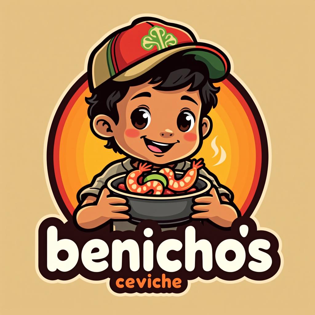  design a logo, mexican brown kid holding bowl of shrimp wearing a baseball cap, with the text 'benicho’s ceviche '.