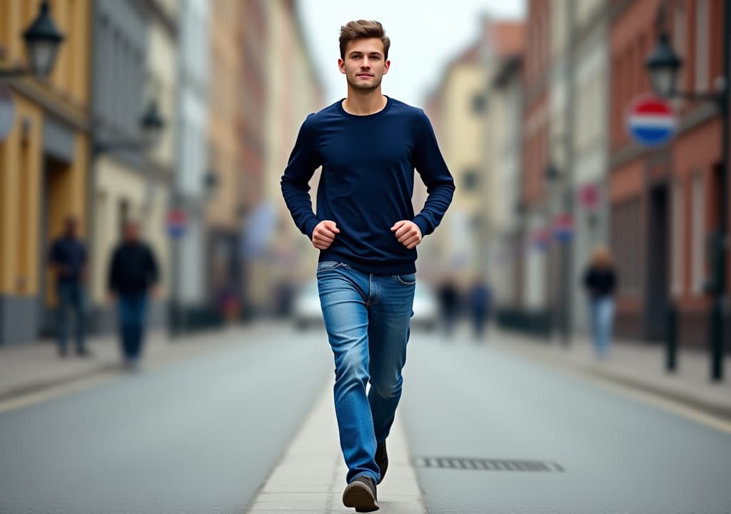  full body shot, realistic photo of a normal young danish man with normal skin in face, wearing a drk blue longsleeve and blue jeans, seen from the side but looking into the camera by coincident running on the street