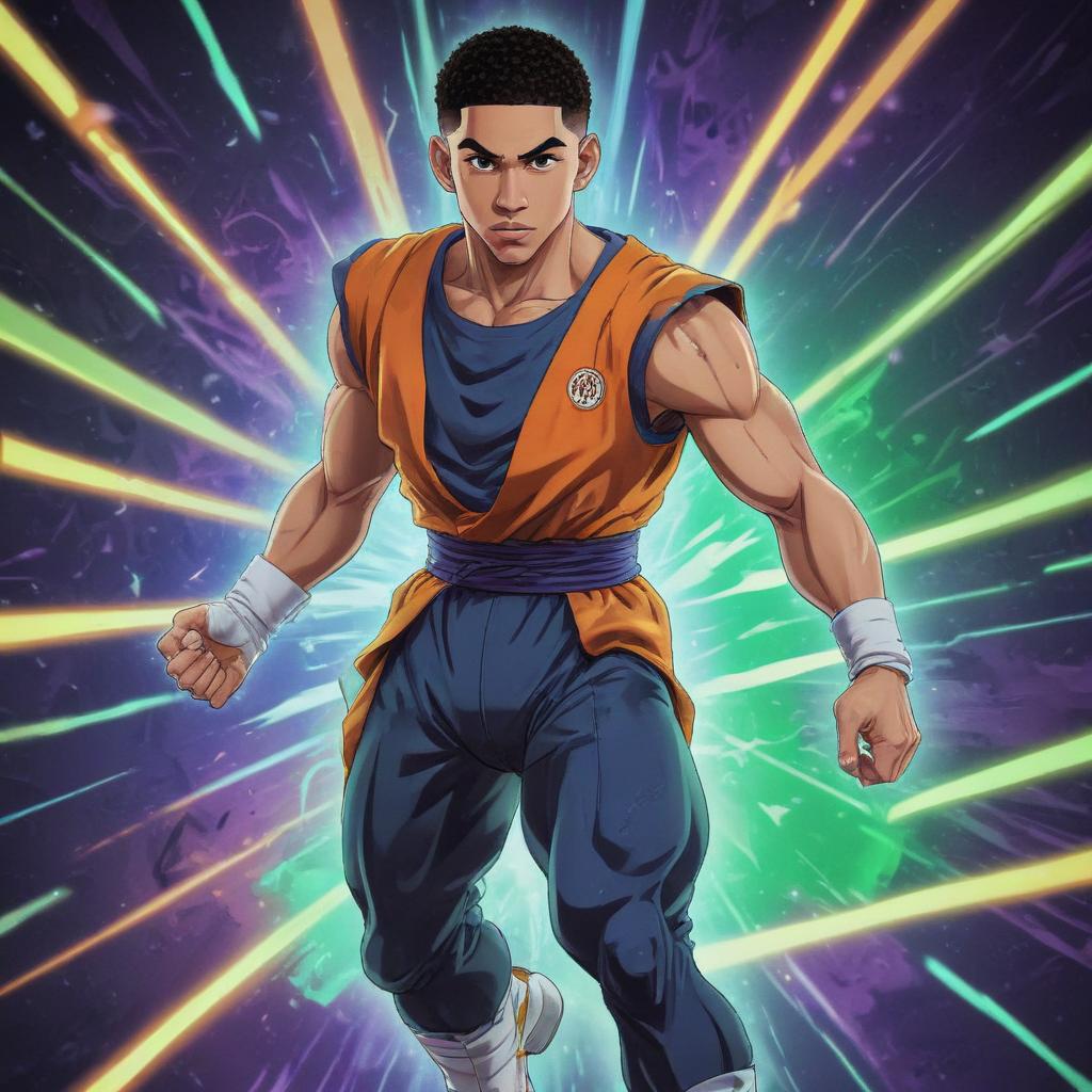 distance-shot, flashy, full-body, dynamic, holographic, animated cartoon poster of jayson tatum in the style of dragon ball super