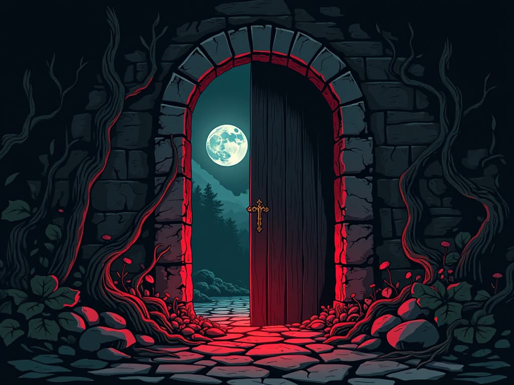  crumbling ancient door, surrounded by overgrown vines, moonlight seeping through cracks, symbol of missed opportunities. the style is digital art illustration / modern comic book / graphic dark novel fantasy and mysterious occult, symbolic, moody lighting, esoteric vibe,high detail on character design. for the color scheme emphasize blacks and reds.