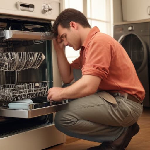 A photo of a skilled appliance repair technician examining the inner workings of a dishwasher in a dimly lit, cluttered kitchen during early evening. The soft ambient light from the setting sun filters through the window, casting a warm glow on the tools spread out on the counter and creating a contrast between light and shadows. The technician's focused expression and the intricate details of the appliance showcase the meticulous attention and expertise required in appliance repair service.