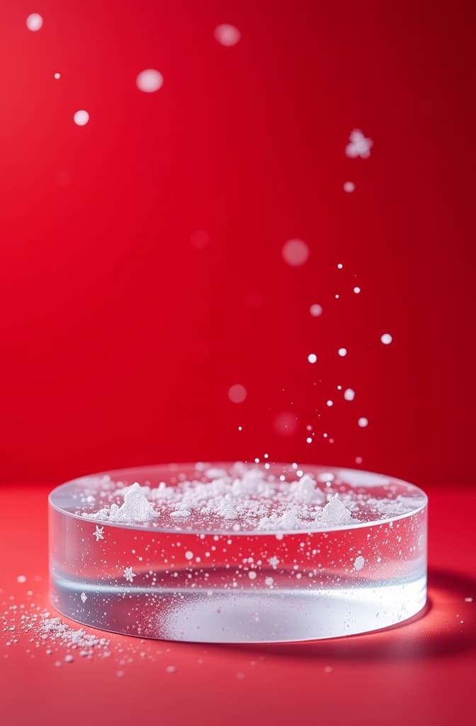  advertising style, stock photo, corporate branding style round transparent podium made of ice, red background, small snowflakes flying in the air, new year atmosphere ar 2:3 . professional, clean, modern, product focused, commercial, eye catching, minimalist, business oriented, highly detailed