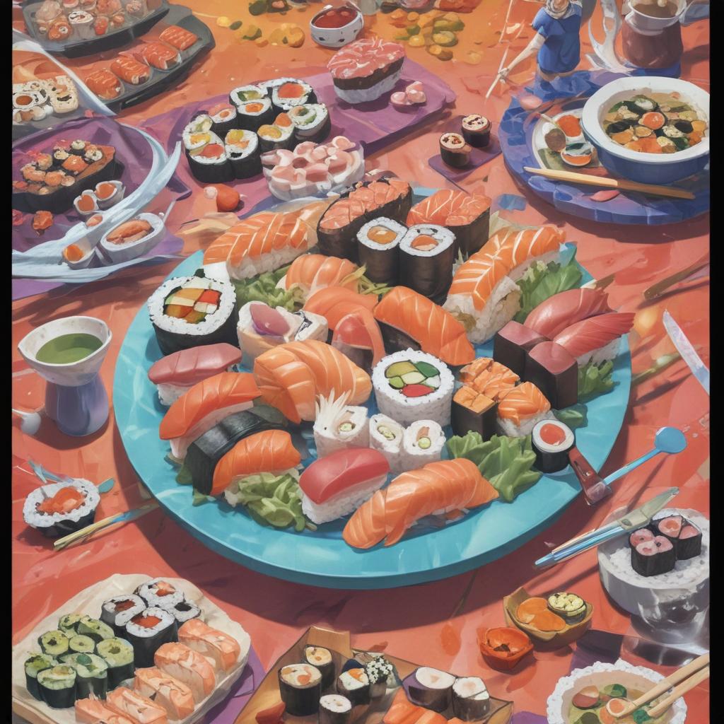 distance-shot, flashy, full-body, dynamic, holographic, animated cartoon poster of sushi scene in the style of dragon ball super