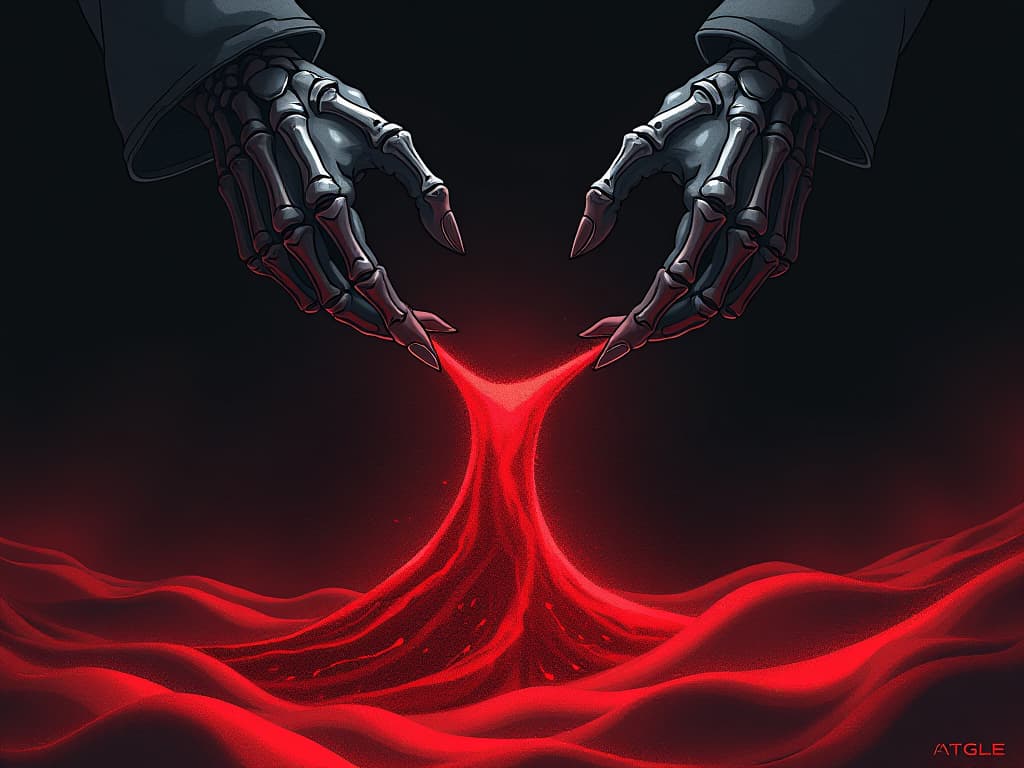  red sand slipping through skeletal fingers, each grain sparkling faintly, sense of lost chances. the style is digital art illustration / modern comic book / graphic dark novel fantasy and mysterious occult, symbolic, moody lighting, esoteric vibe,high detail on character design. for the color scheme emphasize blacks and reds.