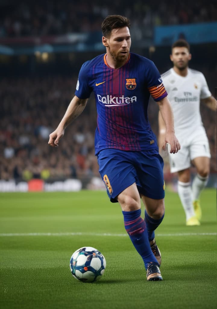 football Messi and Barca beating realmadrid highly detailed,studio lighting,professional,vivid colors, cinematic lighting, HDR, UHD, 4K, 8k, 64K