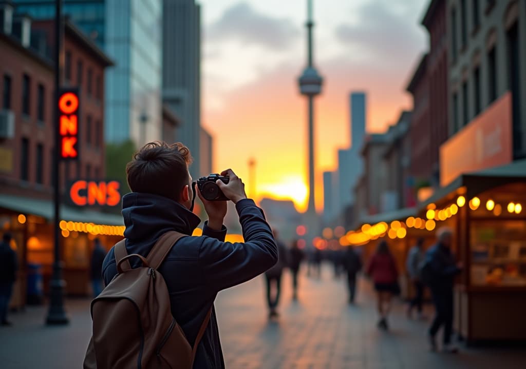  a traveler exploring toronto, capturing photos of the cn tower, walking through kensington market, and enjoying a sunset at the toronto islands. the scene includes vibrant street art, bustling markets, and serene waterfront views, showcasing the city's diverse attractions and lively atmosphere., in the style of photorealistic hyperrealistic, full body, detailed clothing, highly detailed, cinematic lighting, stunningly beautiful, intricate, sharp focus, f/1. 8, 85mm, (centered image composition), (professionally color graded), ((bright soft diffused light)), volumetric fog, trending on instagram, trending on tumblr, HDR 4K, 8K