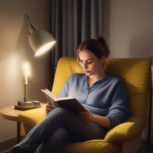 An image of a person wearing casual clothes sitting on a cozy armchair, reading a (((book))), lamp light overhead, detailed, realistic