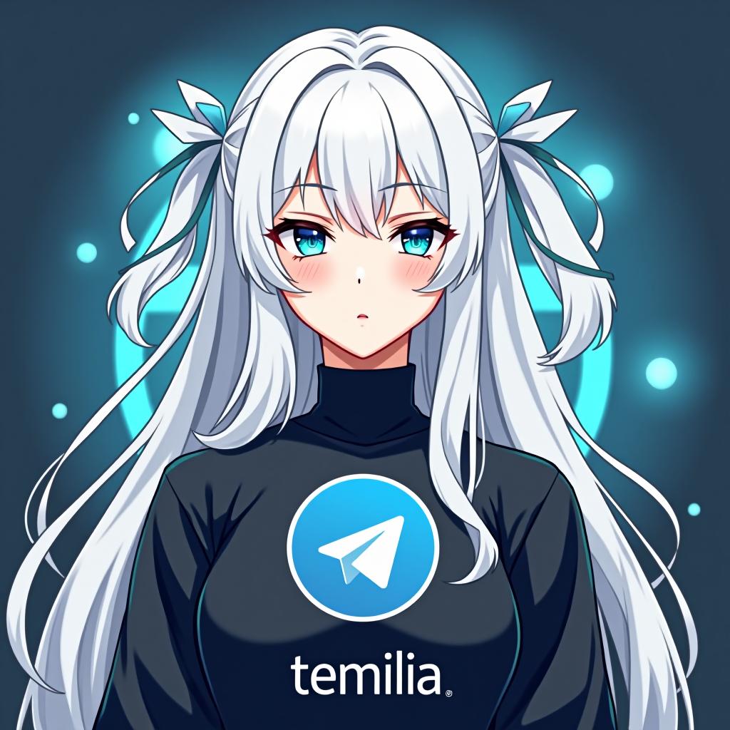  create an image of a character inspired by emilia from re:zero, featuring long white hair and an elegant appearance. the character should be wearing a shirt with the telegram logo, embodying peace and serenity. the design should be background, and include the name 'emilia' in a logo font