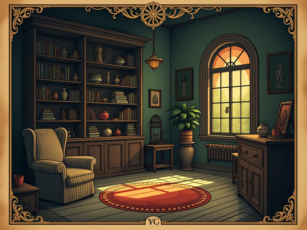  a cozy, warmly lit room, shelves filled with harmonious items, soft light filtering through, sense of warmth and positivity, atmosphere of harmony. an illustration in the style of a worn, mystical old tarot trump card, mysterious and elements of surrealism. the colors are muted, somber and eerie, but with contrast bring out an occult and esoteric vibe.