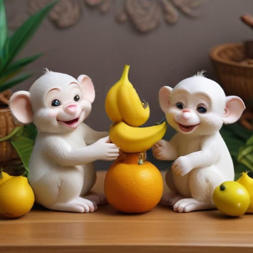 3 happy cute monkeys playing on the table with Thai fruits banana Durian Mango mangosteen Thai style 3D Art toy