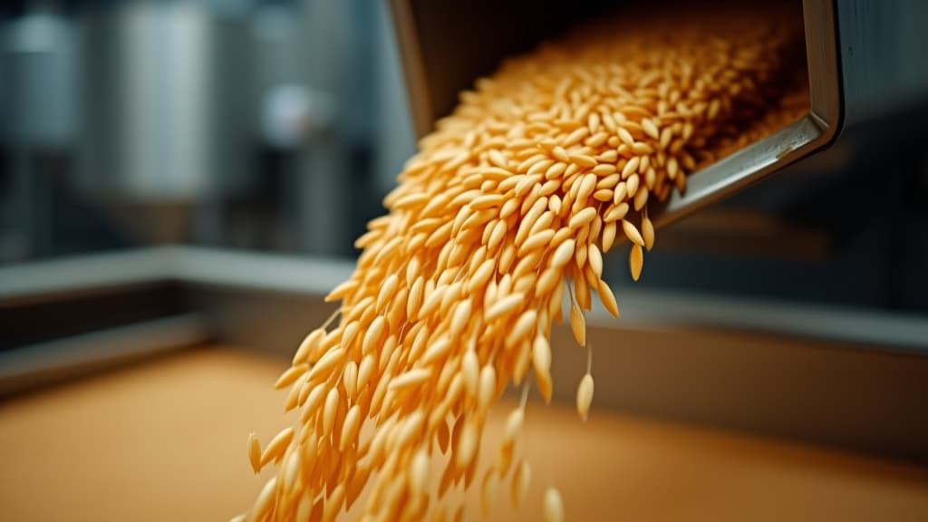  a close up view of grains pouring from a hopper, showcasing the harvesting process in an industrial setting.