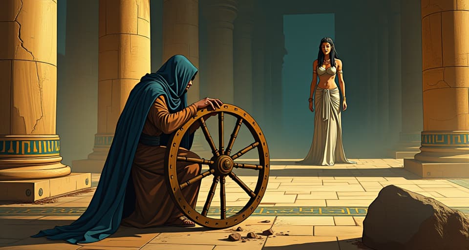  tired scribe in worn robes, spinning a broken wheel, large busted goddess in shimmering dress watching from afar, hopeless routine, stagnant atmosphere. the style is digital art illustration / modern comic book / mysterious occult, symbolic, esoteric vibe,high detail on character design, incorporating ancient egyptian symbology and attire.