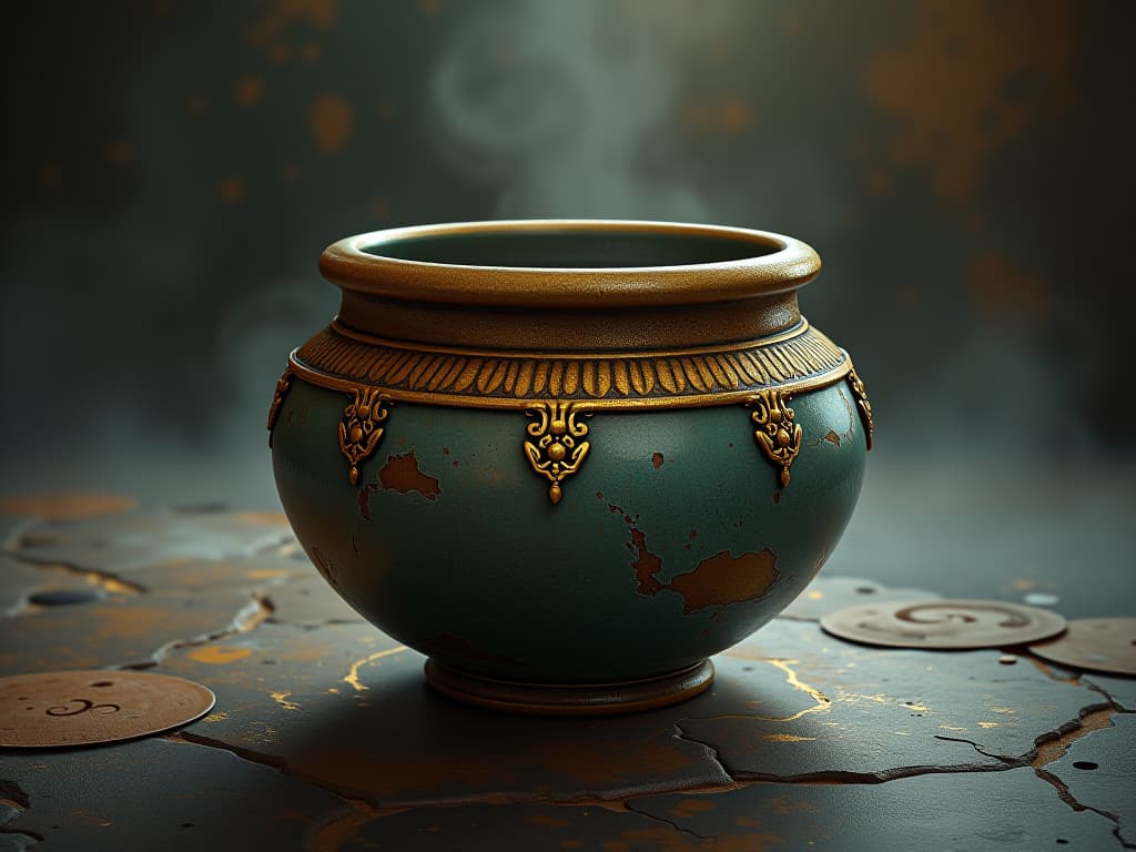  an elevated view of fully repaired pottery, seams glittering with precious metals, overall piece radiating restored beauty, luminous, refined, harmonious. an illustration in the style of a worn, mystical old tarot trump card, mysterious and elements of surrealism. the colors are muted, somber and eerie, but with contrast bring out an occult and esoteric vibe.