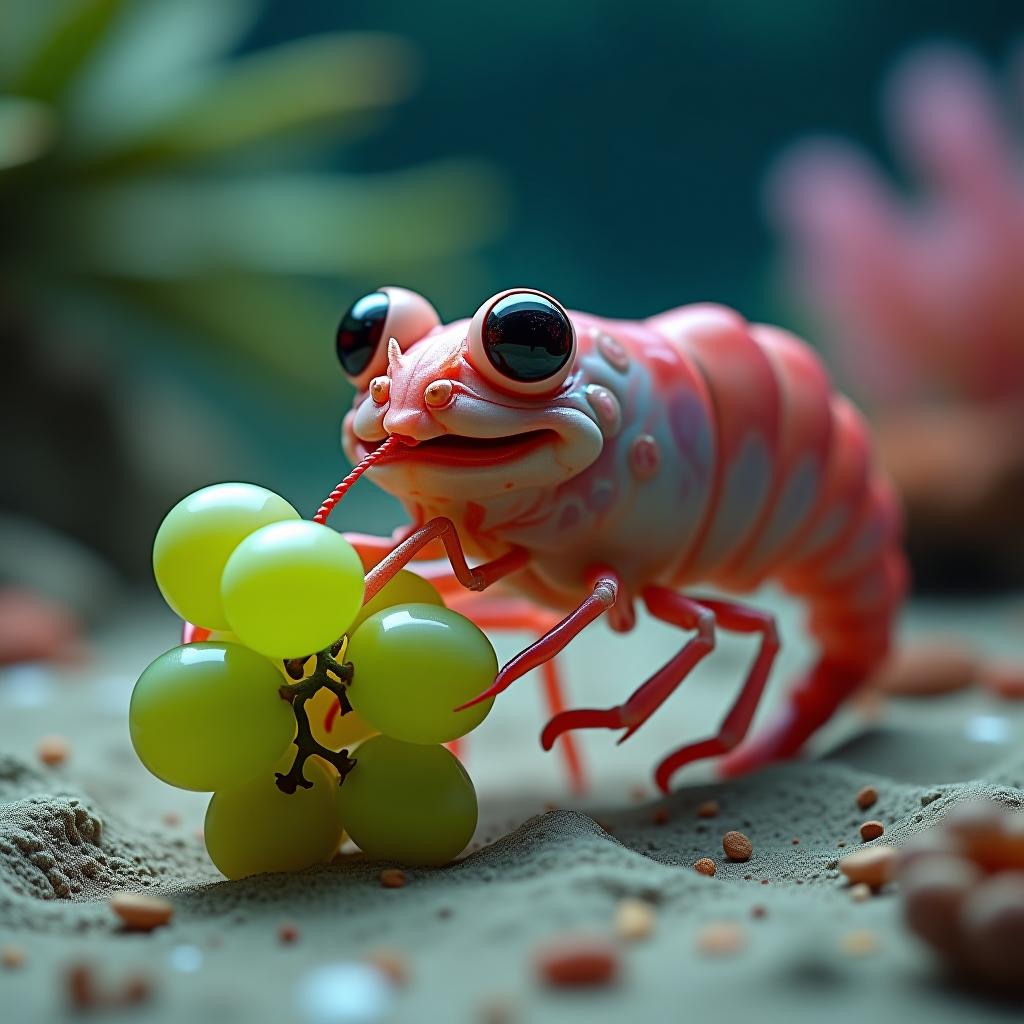  a colorless shrimp on the seabed smiles happily while eating big green grapes. cartoon style. colorful. fantastic. firooze hyperrealistic, full body, detailed clothing, highly detailed, cinematic lighting, stunningly beautiful, intricate, sharp focus, f/1. 8, 85mm, (centered image composition), (professionally color graded), ((bright soft diffused light)), volumetric fog, trending on instagram, trending on tumblr, HDR 4K, 8K