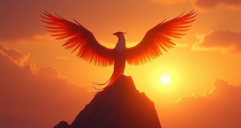  ancient phoenix in a luminous sunrise, its wings stretched wide, perched on a high peak, symbol of resilience, sky painted in fiery hues. the style is digital art illustration,highly detailed, whimsical,magical, dreamlike atmosphere, realism and fantasy blend, smooth, glossy textures,luminous quality, wonder and enchantment.