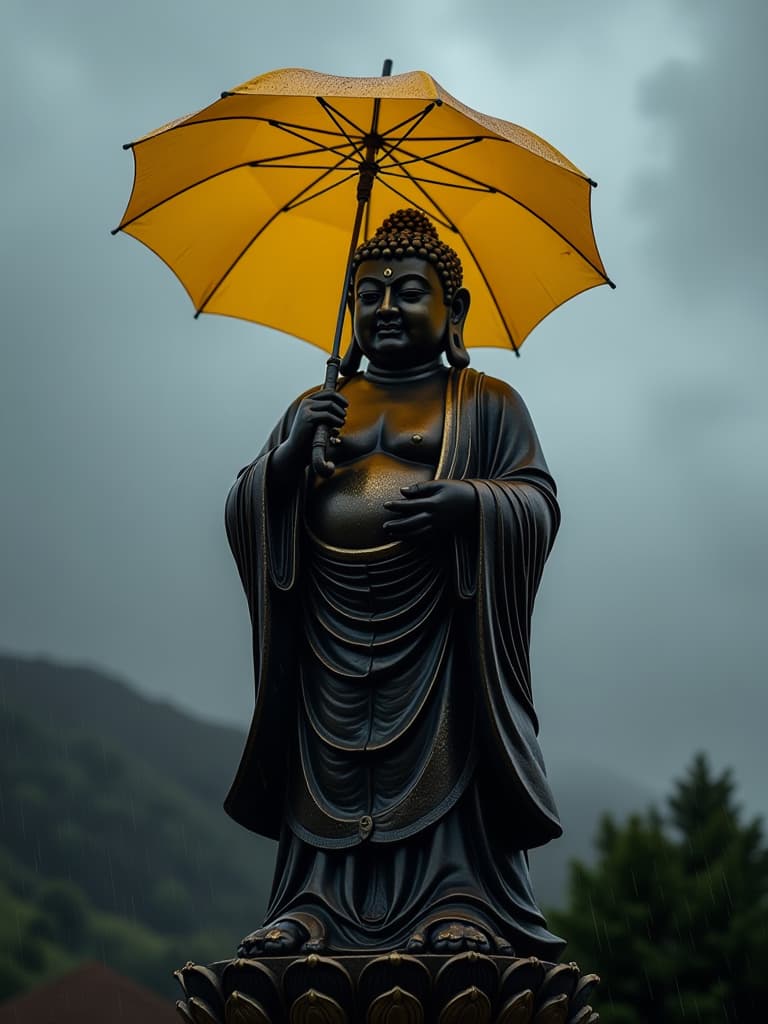  buddha statue, dark lighting, dark atmosphere, black gold buddha, expressionless face, buddha statue with umbrella, rainy outdoors, gray sky, gray clouds, standing buddha statue with yellow umbrell, full body shot