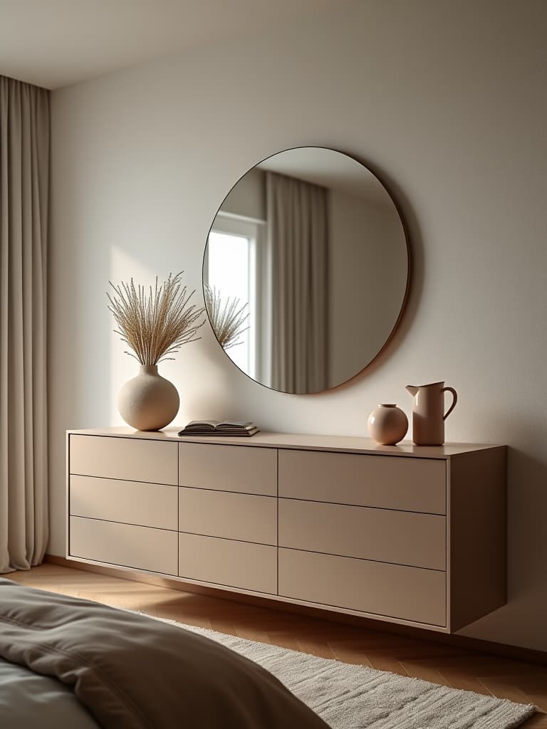  high quality portrait photo of a modern bedroom featuring a floating dresser with clean lines, topped with a large round mirror and minimalist decor items hyperrealistic, full body, detailed clothing, highly detailed, cinematic lighting, stunningly beautiful, intricate, sharp focus, f/1. 8, 85mm, (centered image composition), (professionally color graded), ((bright soft diffused light)), volumetric fog, trending on instagram, trending on tumblr, HDR 4K, 8K