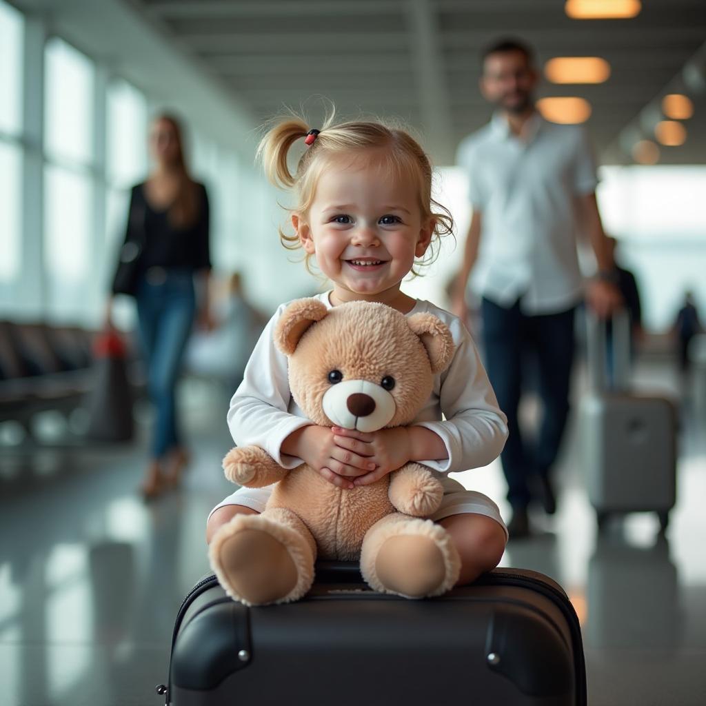  professional detailed photography, happy little girl sitting on suitcase and holding teddy bear, happy mom and dad in background, blurry background, airport, (muted colors, dim colors, soothing tones), (vsco:0.3)