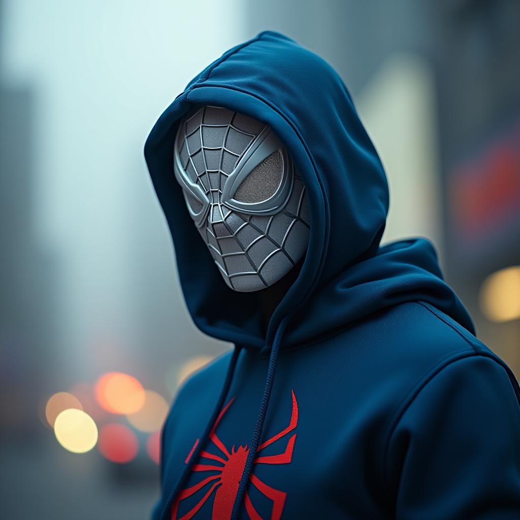  white man with a spiderman mask on his face with a blue hoodie with sparky written on hoodie hyperrealistic, full body, detailed clothing, highly detailed, cinematic lighting, stunningly beautiful, intricate, sharp focus, f/1. 8, 85mm, (centered image composition), (professionally color graded), ((bright soft diffused light)), volumetric fog, trending on instagram, trending on tumblr, HDR 4K, 8K