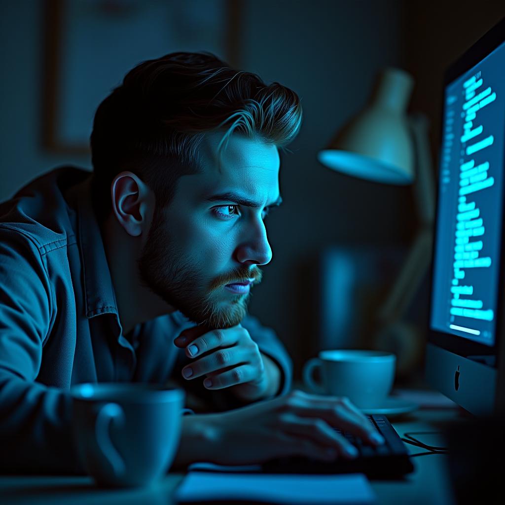  create a high quality, photorealistic image that vividly depicts the following scene: a close up portrait depicts a weary software engineer, lines of fatigue etched deeply on his face. his stubbled chin rests thoughtfully on his knuckles as he stares at the luminous screen emitting a soft, neon blue glow. surrounding him is a cluttered workspace filled with scribbled notes, coffee cups and a solitary desk lamp. his eyes, bloodshot and heavy, reflect the flickering lines of codes on his desktop. distinctly visible are his hands, slightly blurred, involved in a rhythmic dance over the keyboard. the indirect lighting from the screen emphasizes the details, creating a dramatic, contrasty scene which visually captures the dedication and str hyperrealistic, full body, detailed clothing, highly detailed, cinematic lighting, stunningly beautiful, intricate, sharp focus, f/1. 8, 85mm, (centered image composition), (professionally color graded), ((bright soft diffused light)), volumetric fog, trending on instagram, trending on tumblr, HDR 4K, 8K