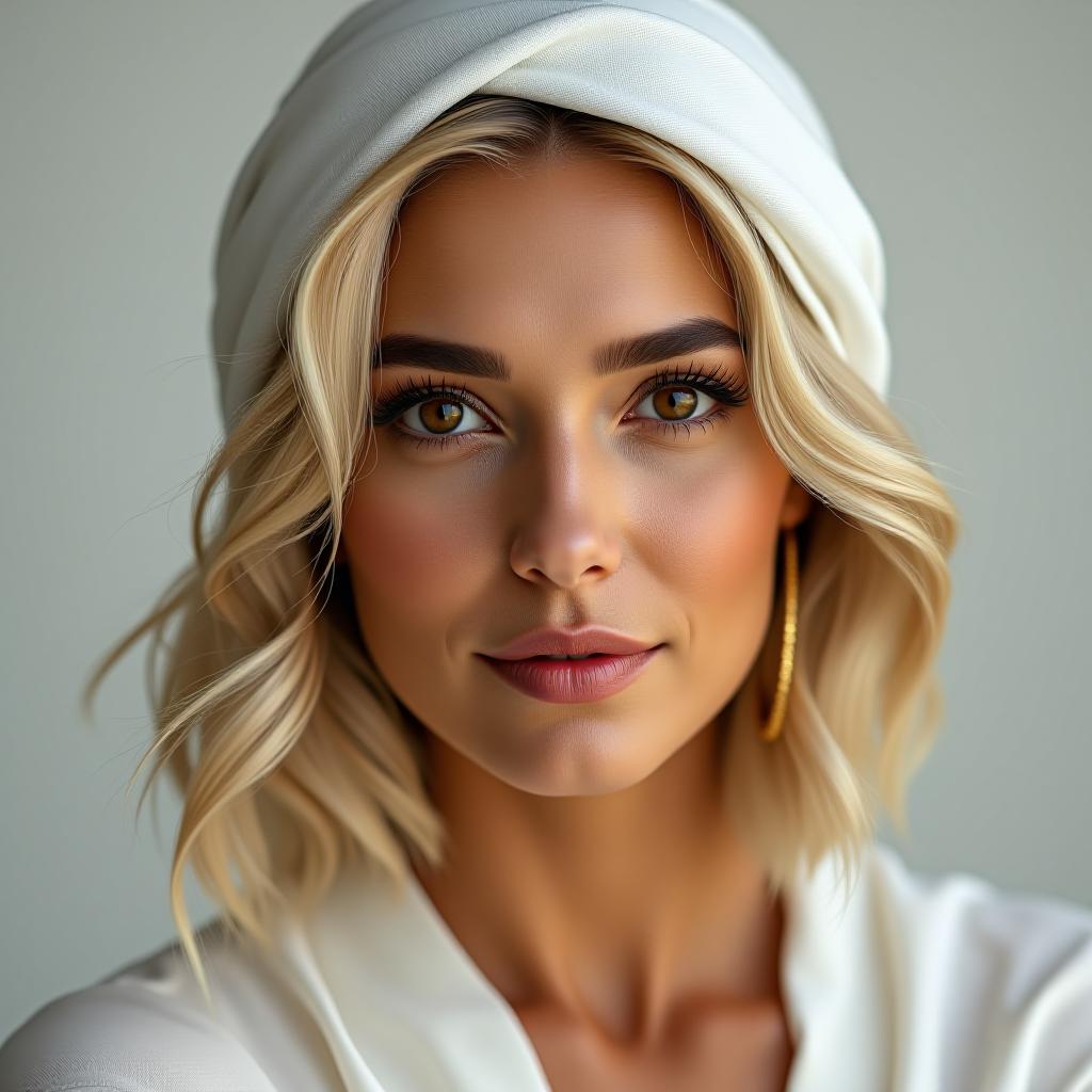  make an image of a woman with a blonde bob and tan olive skin and brown eyes with minimal gold jewelry and a white head covering that covers her hair