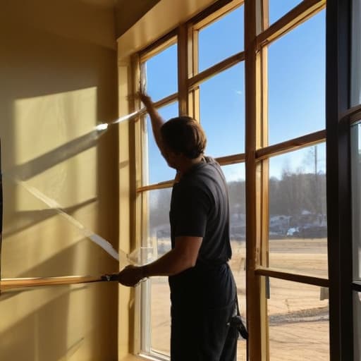 A photo of a skilled artisan meticulously installing a large, gleaming pane of glass into a sleek, modern window frame in a sunlit open-concept living room during late afternoon with warm, golden light streaming through, casting dramatic shadows and illuminating every detail of the intricate installation process.