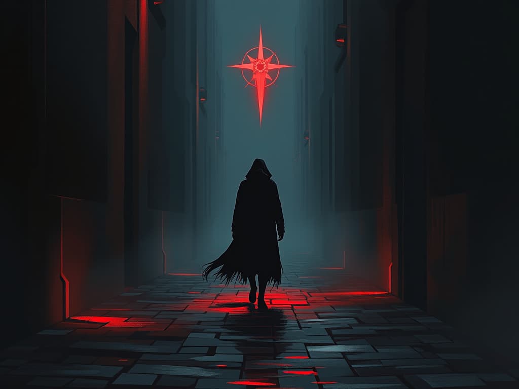  dark street, character walking alone, harsh whispers emanating from walls, every shadow amplifying the sense of judgment. the style is dark fantasy and mysterious occult, symbolic, moody lighting, esoteric vibe,high detail on character design. for the color scheme emphasize blacks and reds.