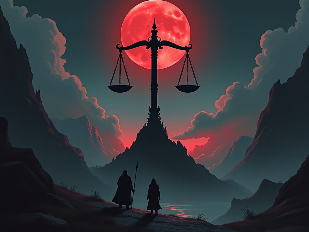  celestial scales of justice, towering over landscape, shadowy figures cowering beneath, symbolizing the weight of truth. the style is dark fantasy and mysterious occult, symbolic, moody lighting, esoteric vibe,high detail on character design. for the color scheme emphasize blacks and reds.