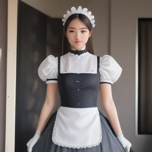 A maid bot without a face with pretty curves and a female body standing in a house