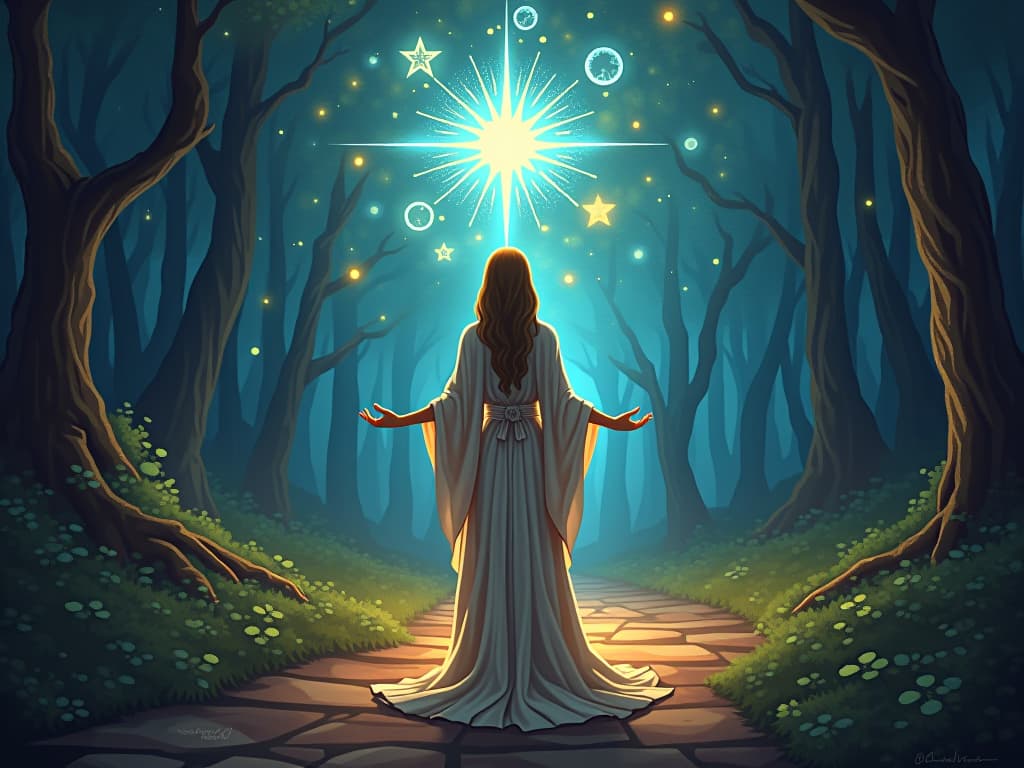  mystic committed to spiritual growth, standing on a path surrounded by glowing ethereal lights and mystical symbols in an enchanted forest setting.. the style is digital art illustration,highly detailed, whimsical,magical, dreamlike atmosphere, realism and fantasy blend, smooth, glossy textures,luminous quality, wonder and enchantment.