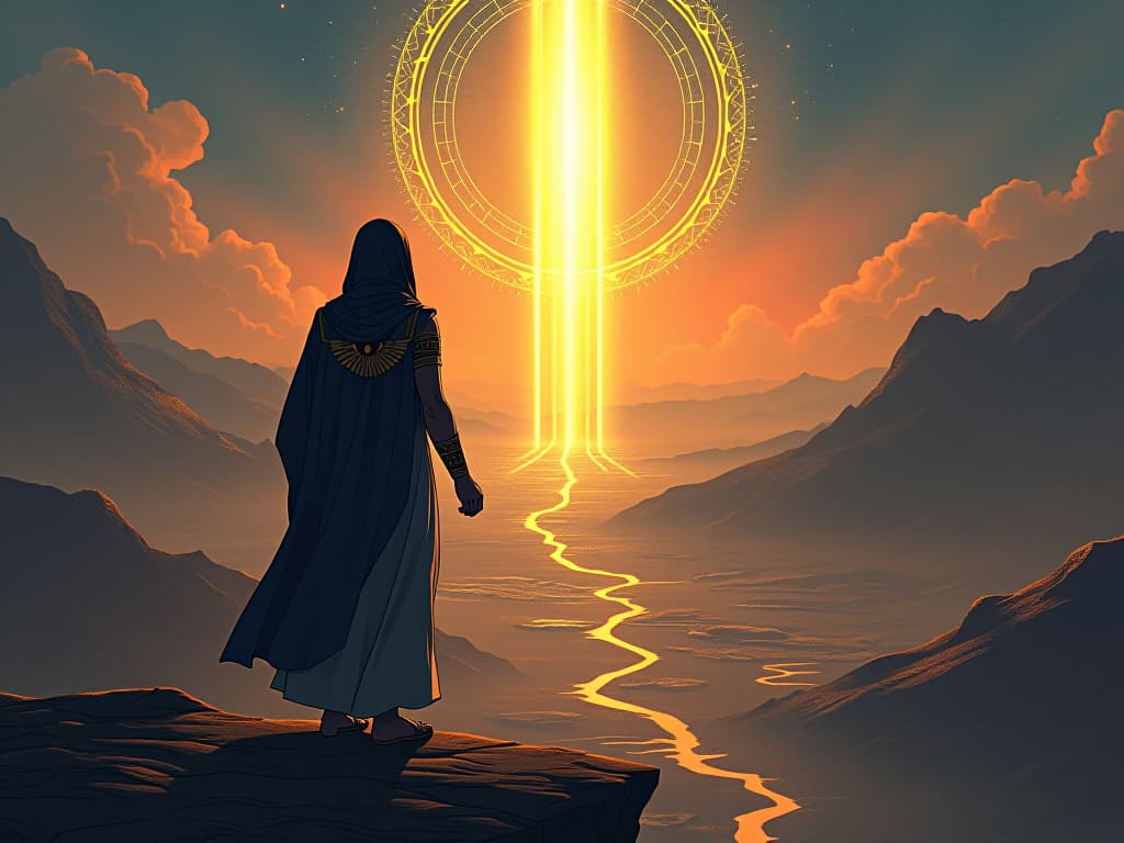  a radiant figure overlooking a valley, beams of light emanating from them, offering clarity and insight to those below. the style is digital art illustration / modern comic book / mysterious occult, symbolic, esoteric vibe,high detail on character design, incorporating ancient egyptian symbology and attire.