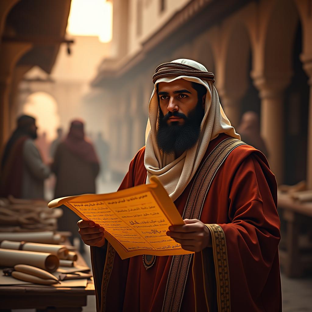  create a high quality, photorealistic image that vividly depicts the following scene: ultra realistic scene depicting al khwarizmi, the father of algebra, in a lively middle eastern marketplace of the 9th century, with a scroll of complex mathematical equations in his hands, his eyes sparkling with accomplishment and wonder. fine details visible in his intrigued expression, his traditional garb catching the warm hues of sunset, surrounded by parchment scrolls, quills, and century old architectural elements. shot in dynamic lighting to highlight the contrast between the ancient setting and the bright spark of human understanding, nikon d850, f/2.8, iso 100, 1/125s, 8k, raw, with a carefully balanced composition, intense sharpness and de hyperrealistic, full body, detailed clothing, highly detailed, cinematic lighting, stunningly beautiful, intricate, sharp focus, f/1. 8, 85mm, (centered image composition), (professionally color graded), ((bright soft diffused light)), volumetric fog, trending on instagram, trending on tumblr, HDR 4K, 8K