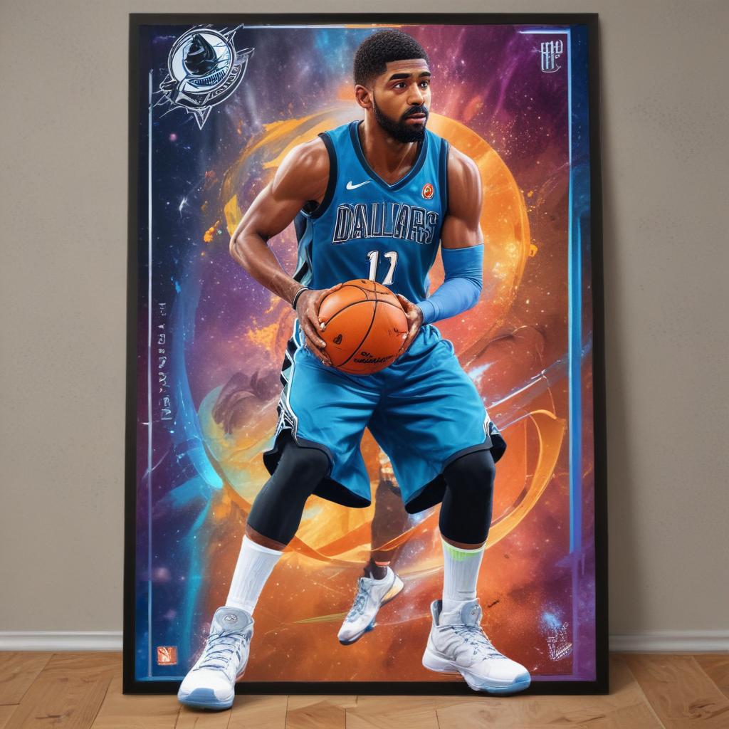 distance-shot, flashy, full-body, dynamic, holographic, animated cartoon poster of dallas mavericks player kyrie irving in the style of dragon ball super